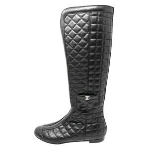 Chanel Quilted Leather Knee Boots Black Size 38 CC Logo Luxe